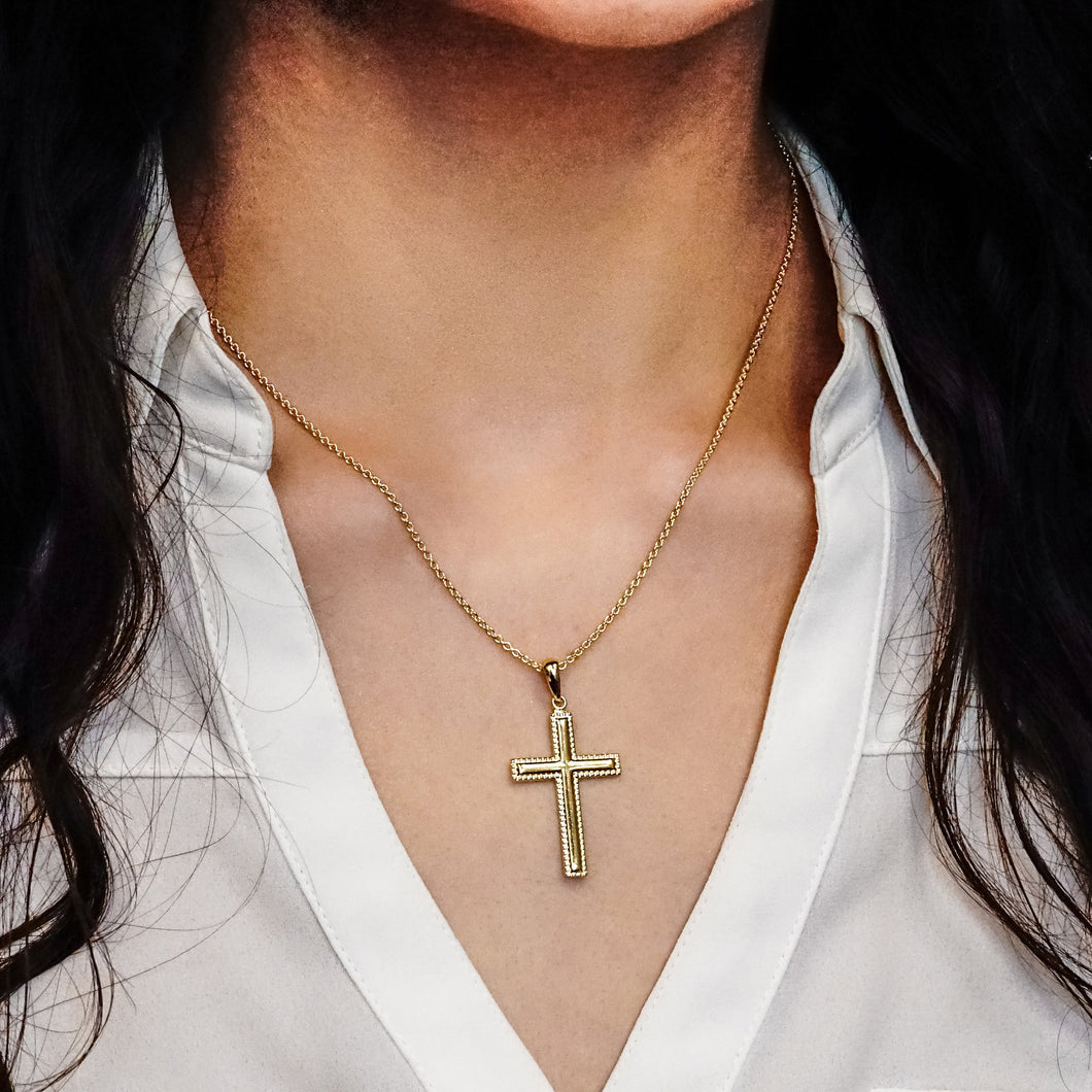 ITI NYC Raised Cross Pendant with Detailed Edge in 14K Gold