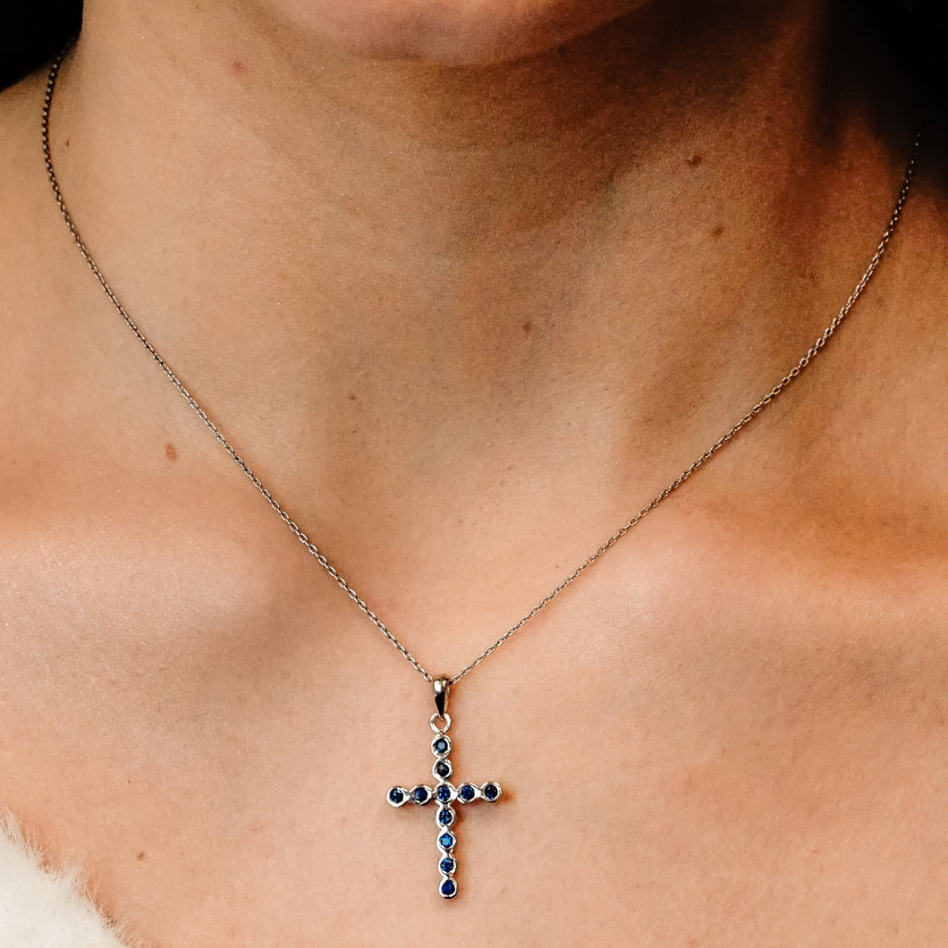 ITI NYC Bezel Set Cross Pendant with Sapphire Stones in 14K Gold