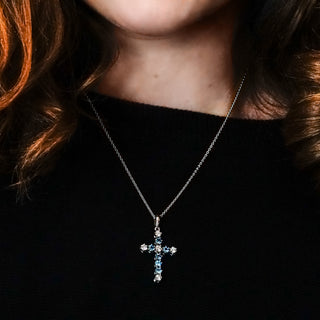 ITI NYC Cross Pendant with Diamonds and Blue Topaz Stones in 14K Gold