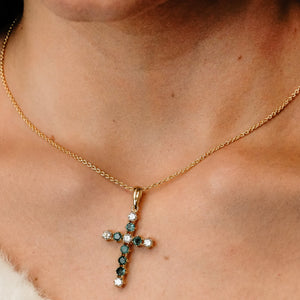 ITI NYC 14K Yellow Gold Cross Pendant with Diamonds and Emeralds