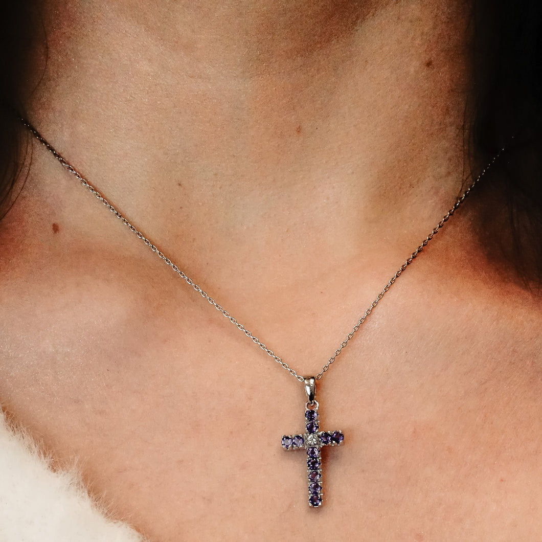 ITI NYC Cross Pendant with Diamonds and Amethyst Stones in 14K Gold