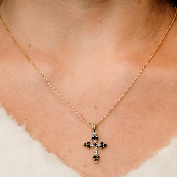 ITI NYC Trinity Cross Pendant with Dark Blue Cubic Zirconia in Sterling Silver