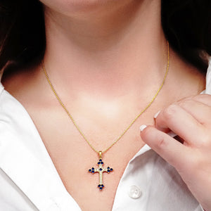 ITI NYC Trinity Cross Pendant with Dark Blue Cubic Zirconia in Sterling Silver