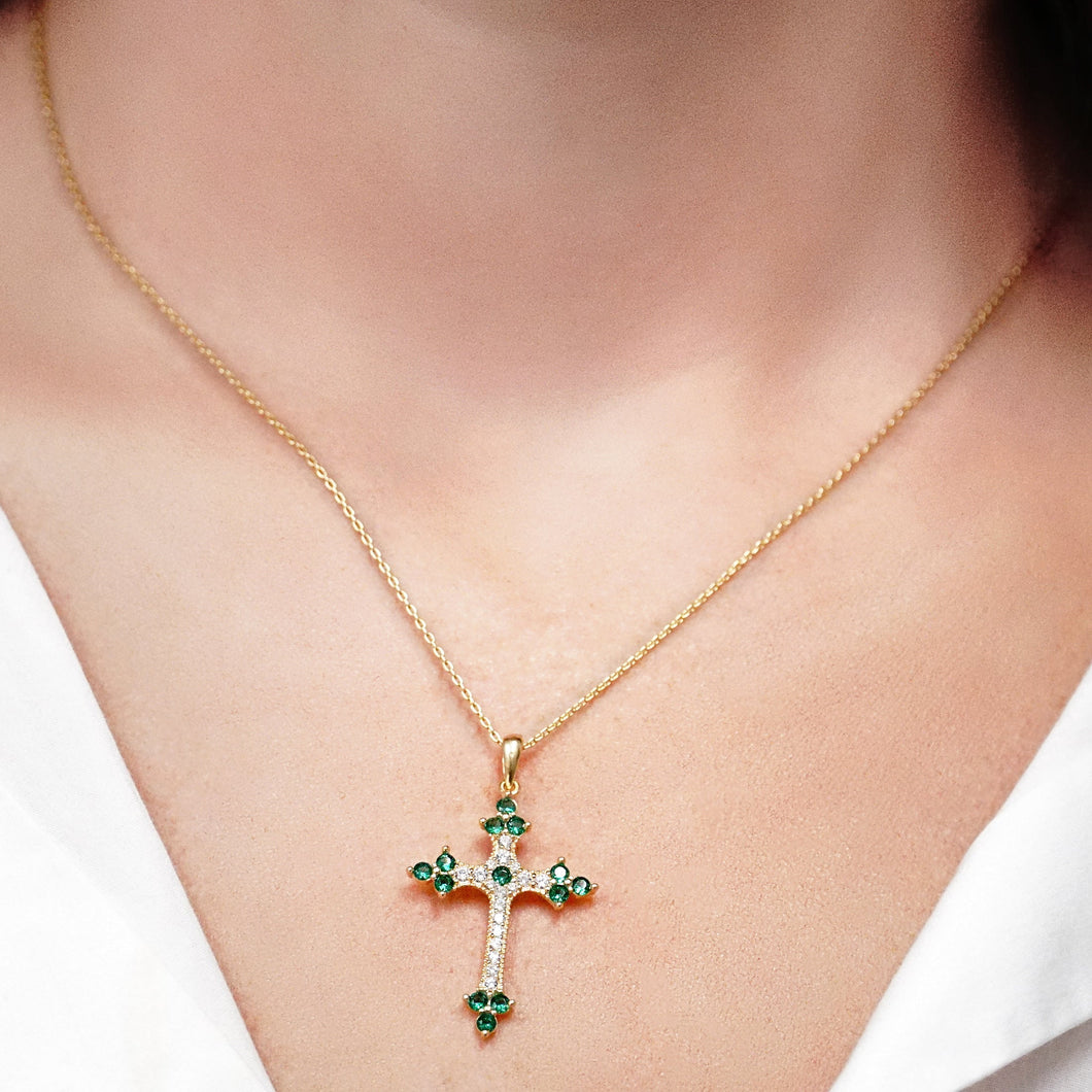 ITI NYC Trinity Cross Pendant with Green Cubic Zirconia in Sterling Silver