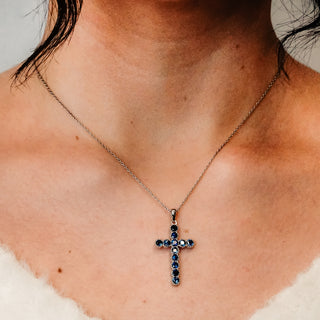 ITI NYC Bezel Set Cross Pendant with Sapphire Stones in 14K Gold