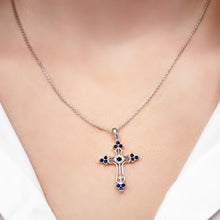 Load image into Gallery viewer, ITI NYC Trinity Cross Pendant with Dark Blue Cubic Zirconia in Sterling Silver
