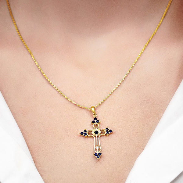 ITI NYC Trinity Cross Pendant with Dark Blue Cubic Zirconia in Sterling Silver