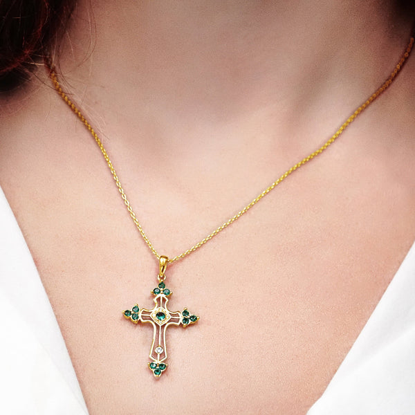 ITI NYC Trinity Cross Pendant with Green Cubic Zirconia in Sterling Silver