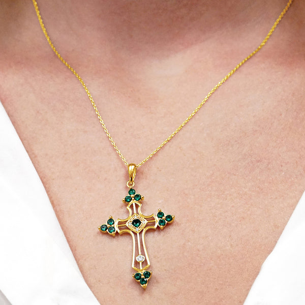 ITI NYC Trinity Cross Pendant with Green Cubic Zirconia in Sterling Silver