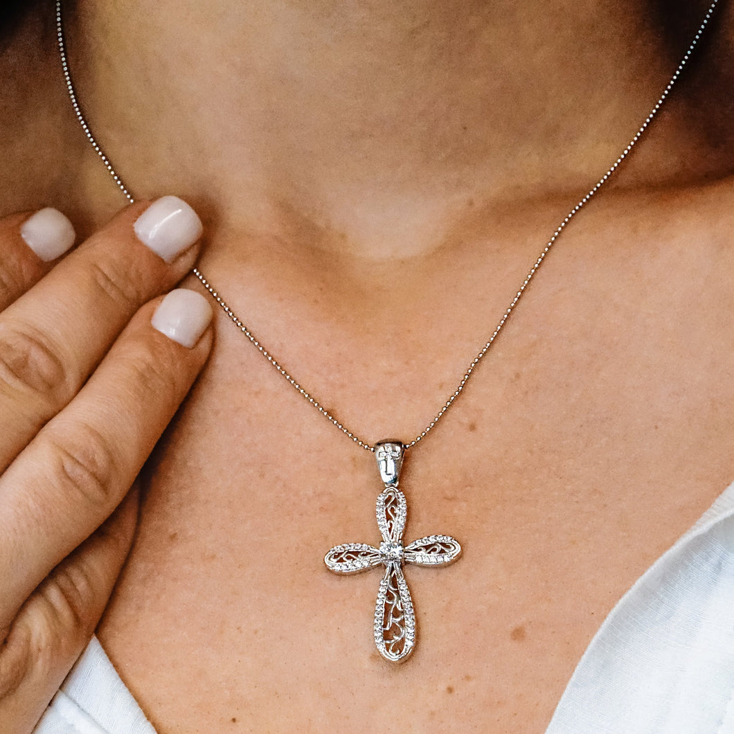 ITI NYC Scroll Cross Pendant with Cubic Zirconia in Sterling Silver