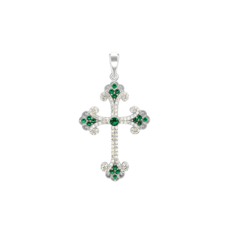 ITI NYC Budded Cross Pendant with Green Cubic Zirconia in Sterling Silver