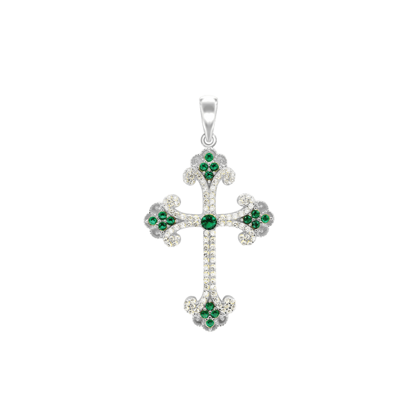 ITI NYC Budded Cross Pendant with Green Cubic Zirconia in Sterling Silver