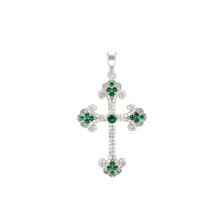 ITI NYC Budded Cross Pendant with Green Cubic Zirconia in Sterling Silver
