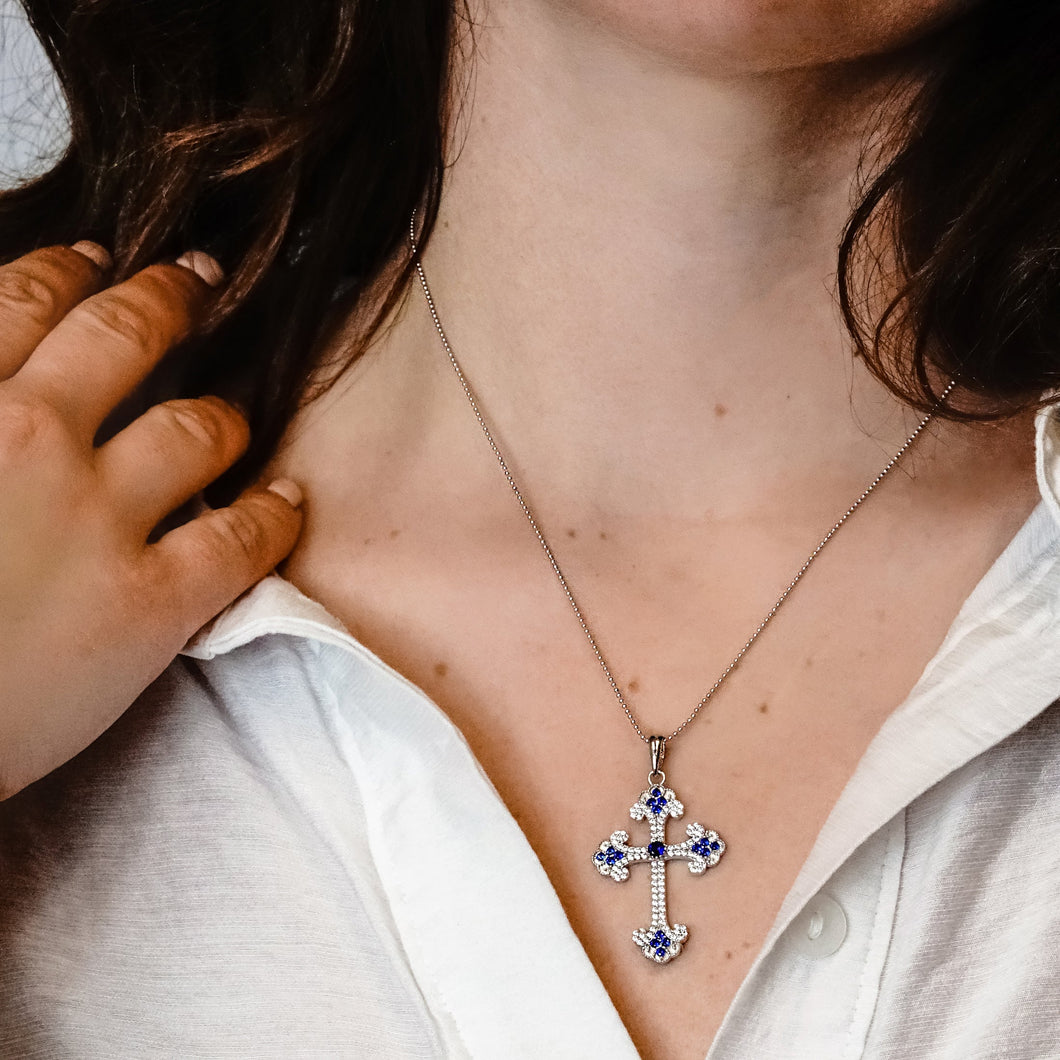 ITI NYC Budded Cross Pendant with Dark Blue Cubic Zirconia in Sterling Silver