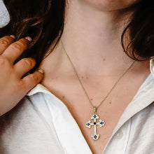 Load image into Gallery viewer, ITI NYC Budded Cross Pendant with Dark Blue Cubic Zirconia in Sterling Silver
