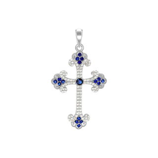 ITI NYC Budded Cross Pendant with Dark Blue Cubic Zirconia in Sterling Silver