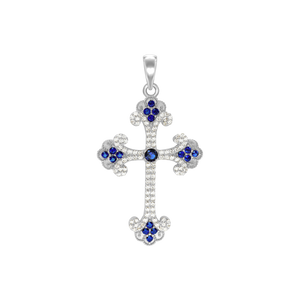 ITI NYC Budded Cross Pendant with Dark Blue Cubic Zirconia in Sterling Silver