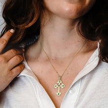 Load image into Gallery viewer, ITI NYC Budded Cross Pendant with Green Cubic Zirconia in Sterling Silver
