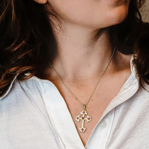 ITI NYC Budded Cross Pendant with Pink Cubic Zirconia in Sterling Silver