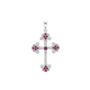 ITI NYC Budded Cross Pendant with Pink Cubic Zirconia in Sterling Silver