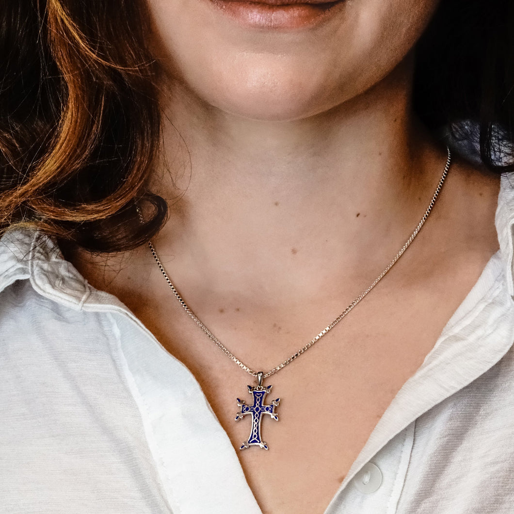 ITI NYC Armenian Cross Pendant with Dark Blue Enamel in Sterling Silver