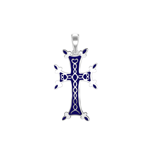 ITI NYC Armenian Cross Pendant with Dark Blue Enamel in Sterling Silver