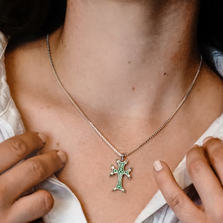 ITI NYC Armenian Cross Pendant with Green Enamel in Sterling Silver