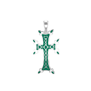 ITI NYC Armenian Cross Pendant with Green Enamel in Sterling Silver