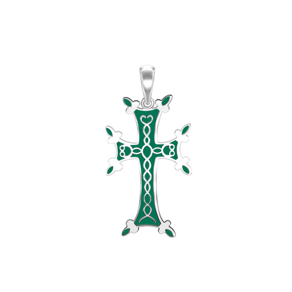 ITI NYC Armenian Cross Pendant with Green Enamel in Sterling Silver
