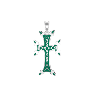 ITI NYC Armenian Cross Pendant with Green Enamel in Sterling Silver