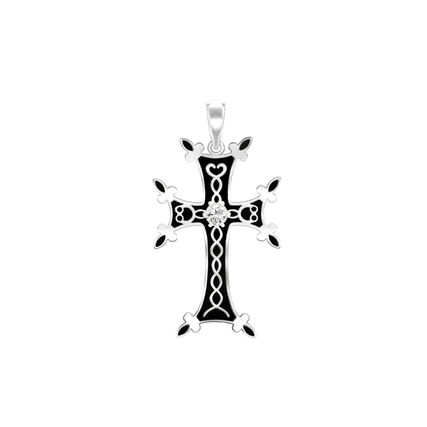 ITI NYC Armenian Cross Pendant with Cubic Zirconia and Black Enamel in Sterling Silver