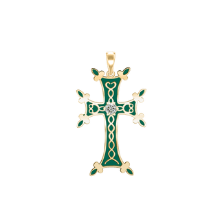 ITI NYC Armenian Cross Pendant with Cubic Zirconia and Green Enamel in Sterling Silver