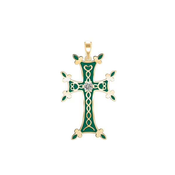 ITI NYC Armenian Cross Pendant with Cubic Zirconia and Green Enamel in Sterling Silver