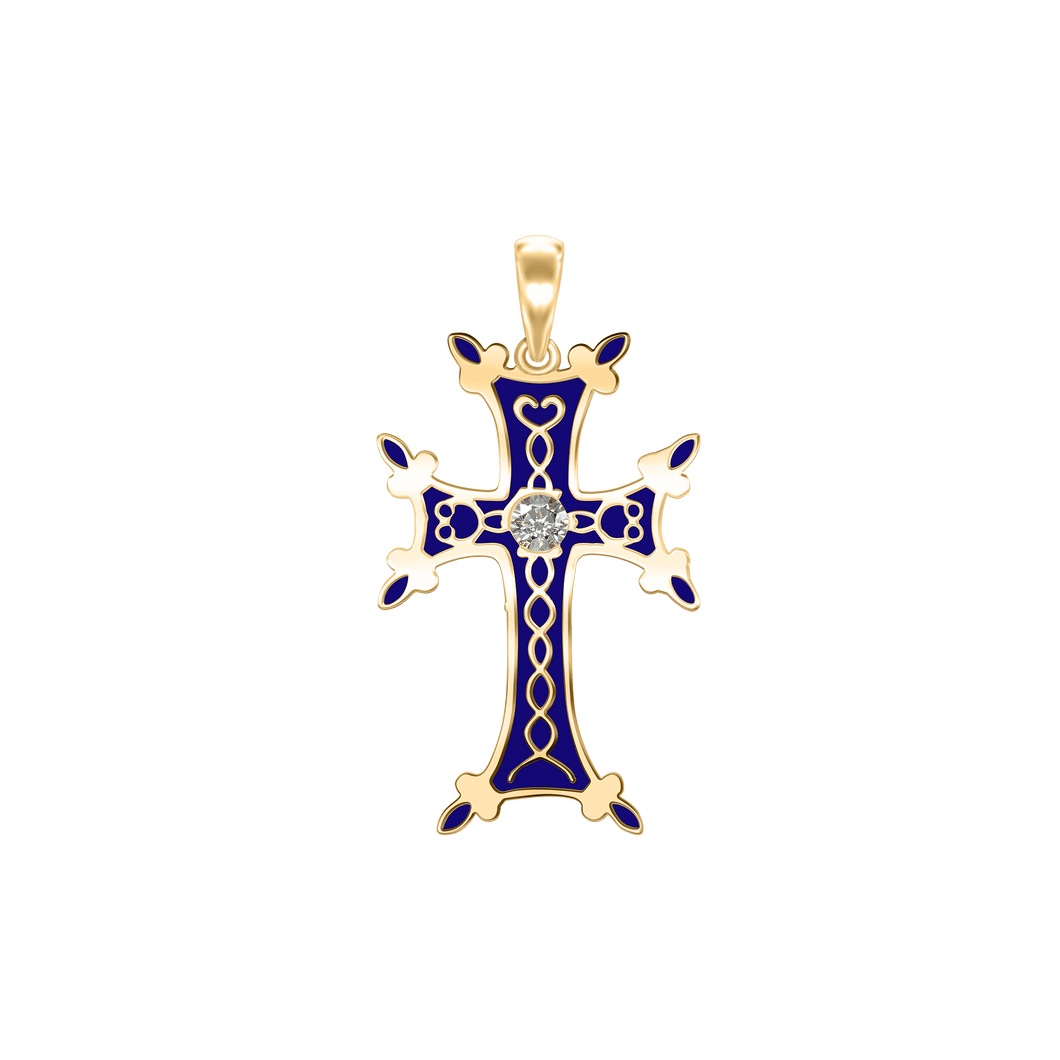 ITI NYC Sterling Silver Armenian Cross Pendant with Cubic Zirconia and Dark Blue Enamel