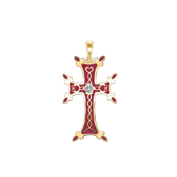 ITI NYC Armenian Cross Pendant with Cubic Zirconia and Red Enamel in Sterling Silver