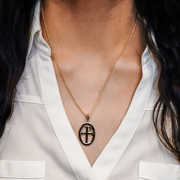 ITI NYC Tau-Rho Cross Pendant Medallion with Black Enamel in Sterling Silver