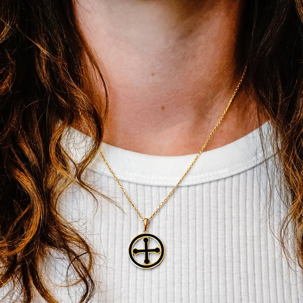 ITI NYC Pommee Cross Pendant Medallion with Black Enamel in Sterling Silver