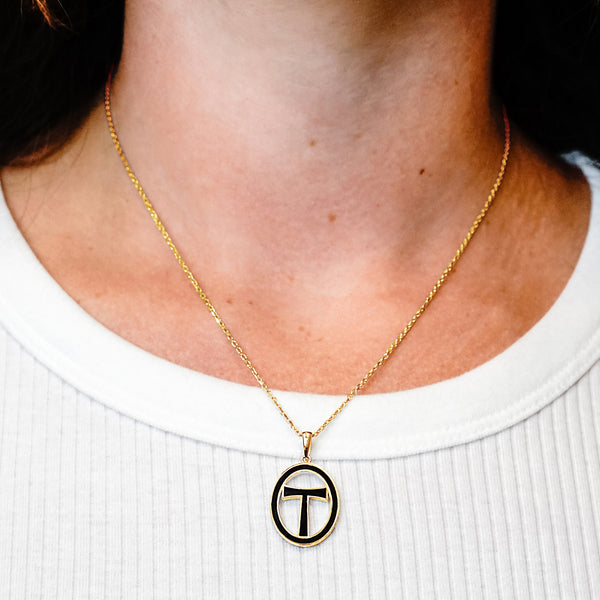ITI NYC Tau Cross Pendant Medallion with Black Enamel in Sterling Silver
