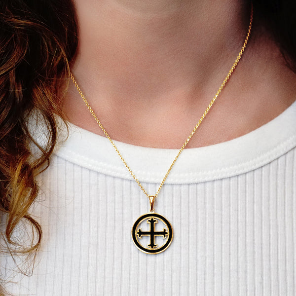 ITI NYC Fleury Cross Pendant Medallion with Black Enamel in Sterling Silver