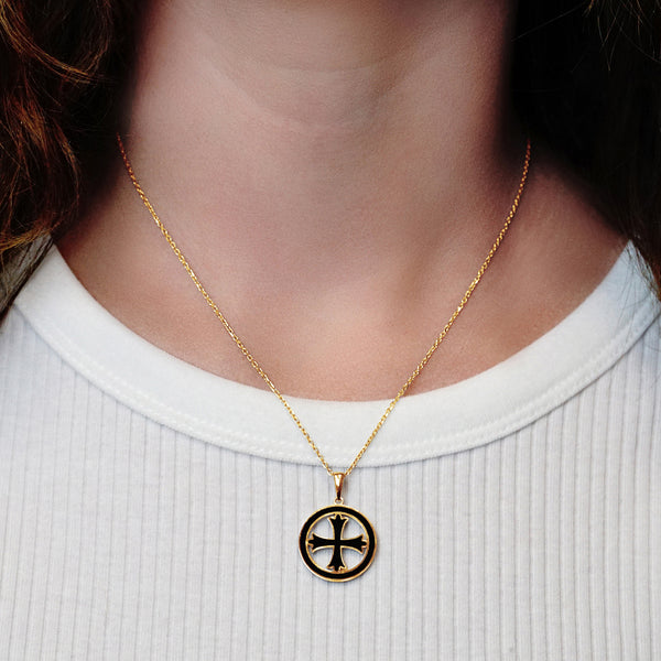 ITI NYC Patonce Cross Pendant Medallion with Black Enamel in Sterling Silver