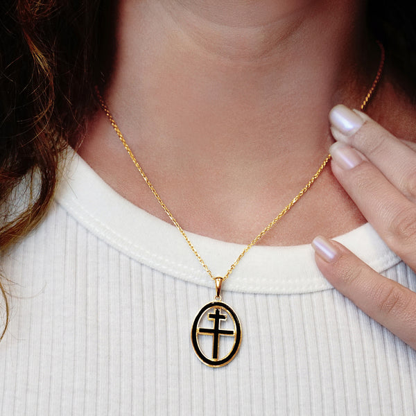 ITI NYC Patriarchal Cross Pendant Medallion with Black Enamel in Sterling Silver