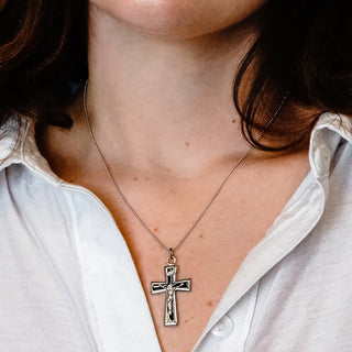 ITI NYC Traditional Crucifix Pendant with Black Enamel in Sterling Silver