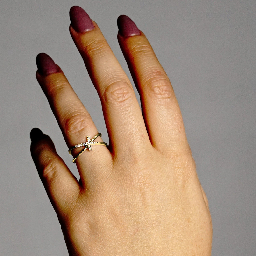 Stackable Stones Cross Ring with Infinity Design in 14K Gold