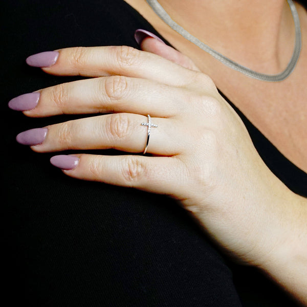 Stackable Sideways Cross Ring with Stones in 14K Gold