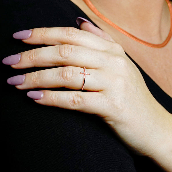 Stackable Sideways Cross Ring with Stones in 14K Gold