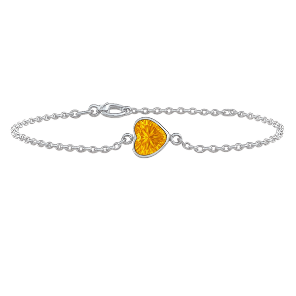 Diamond or Gemstone Heart Bezel Charm in 14K White Diamond Cut Cable Bracelet