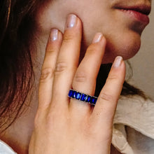 Load image into Gallery viewer, All Around Emerald Shape Blue Colored Stone Ring (6.0 x 4.0 mm)
