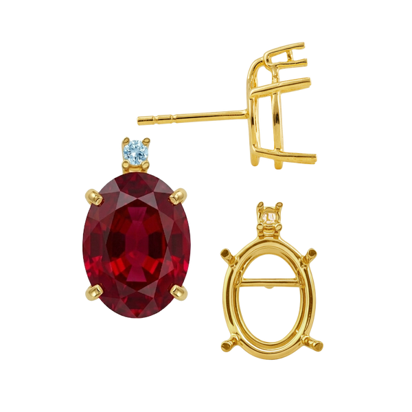 Oval Four Prong Basket Earrings with One Accent with Push Post