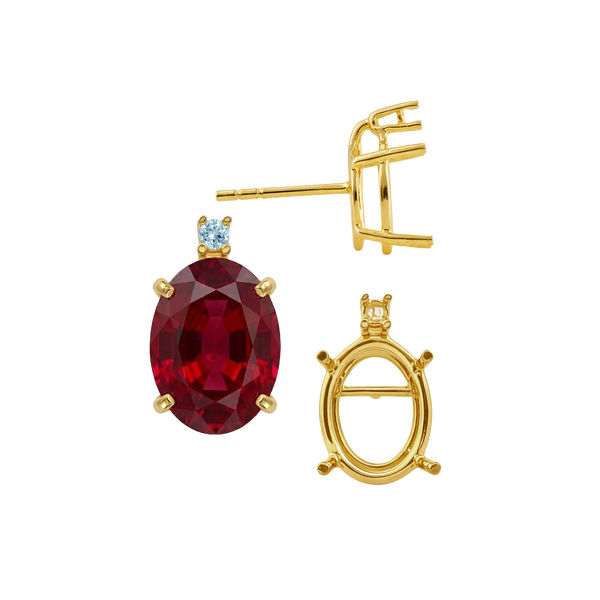 Oval Four Prong Basket Earrings with One Accent with Push Post
