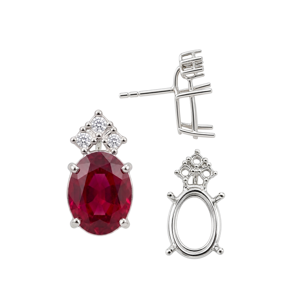 Oval Four Prong Basket Earrings with 3 Accents with Push Post
